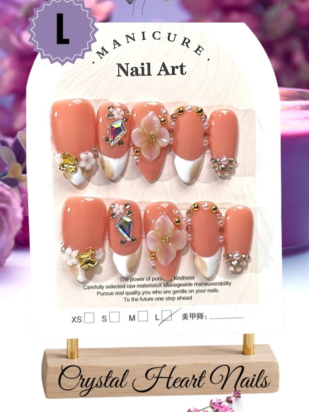 Almond Peach Floral Press-On Nails | White French Tips & Rhinestones